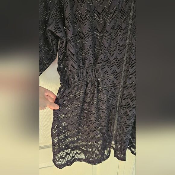 Black Lace Hooded Zip Up Top/ Swim Cover-Up - Picture 3 of 5